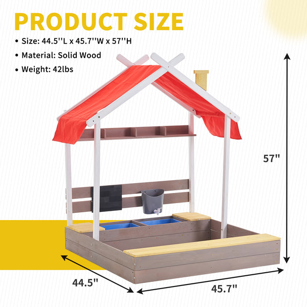 45'' Kids Large Wooden Sand Box with Lid, Drawing Board, Sink, Shelf, Toddler Sand Boxes for Backyard Garden Beach