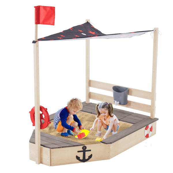 Pirate Ship Kids Sandbox with Cover, Wooden Sandbox with Storage Bench, Seat, Sink, Outdoor Sandbox for Aged 3-8 Years Old