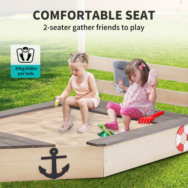 Pirate Ship Kids Sandbox with Cover, Wooden Sandbox with Storage Bench, Seat, Sink, Outdoor Sandbox for Aged 3-8 Years Old