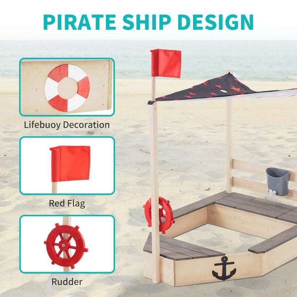 Pirate Ship Kids Sandbox with Cover, Wooden Sandbox with Storage Bench, Seat, Sink, Outdoor Sandbox for Aged 3-8 Years Old