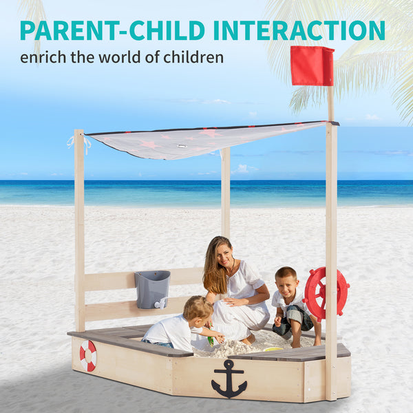 Pirate Ship Kids Sandbox with Cover, Wooden Sandbox with Storage Bench, Seat, Sink, Outdoor Sandbox for Aged 3-8 Years Old
