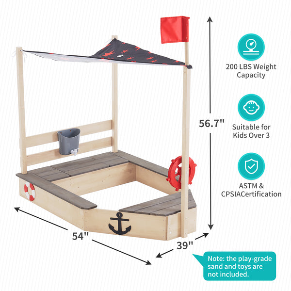 Pirate Ship Kids Sandbox with Cover, Wooden Sandbox with Storage Bench, Seat, Sink, Outdoor Sandbox for Aged 3-8 Years Old