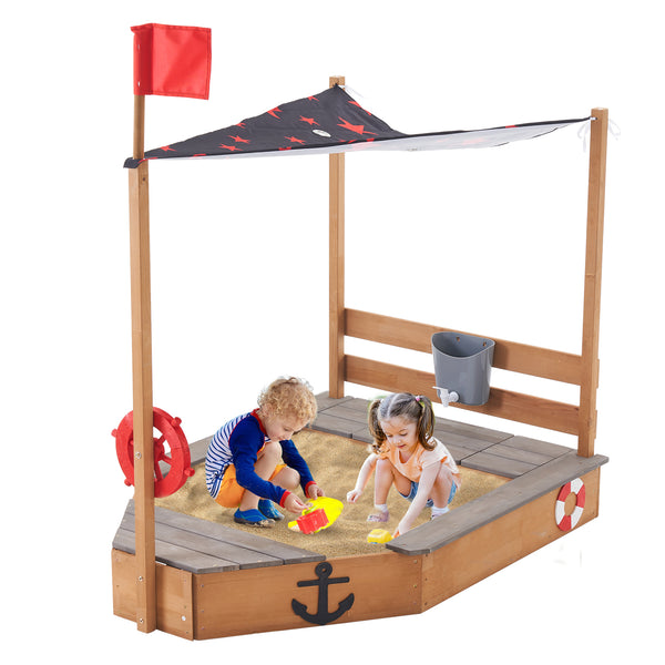 Pirate Ship Kids Sandbox with Cover, Wooden Sandbox with Storage Bench, Seat, Sink, Outdoor Sandbox for Aged 3-8 Years Old