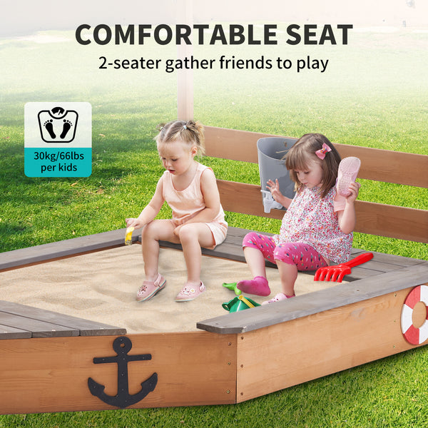 Pirate Ship Kids Sandbox with Cover, Wooden Sandbox with Storage Bench, Seat, Sink, Outdoor Sandbox for Aged 3-8 Years Old