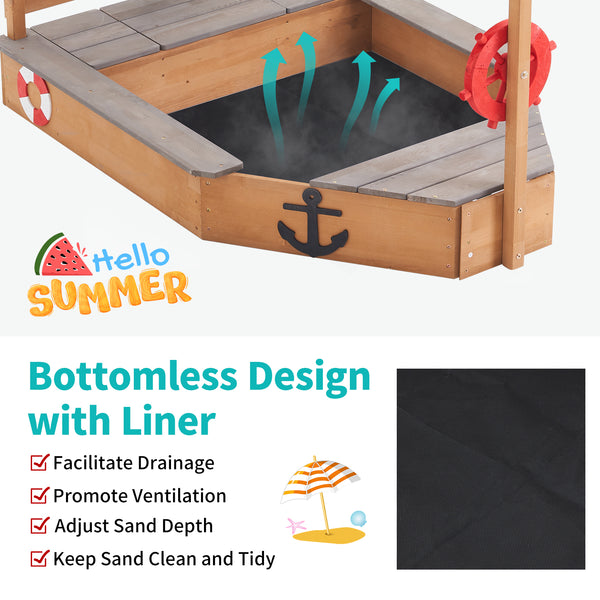 Pirate Ship Kids Sandbox with Cover, Wooden Sandbox with Storage Bench, Seat, Sink, Outdoor Sandbox for Aged 3-8 Years Old