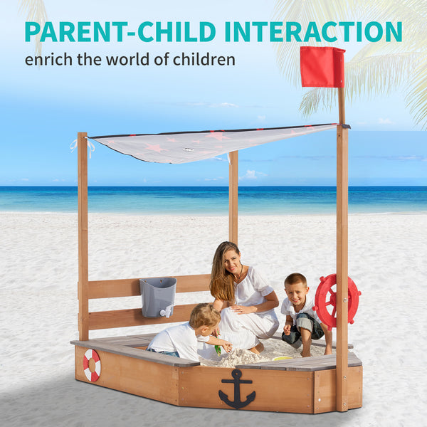 Pirate Ship Kids Sandbox with Cover, Wooden Sandbox with Storage Bench, Seat, Sink, Outdoor Sandbox for Aged 3-8 Years Old