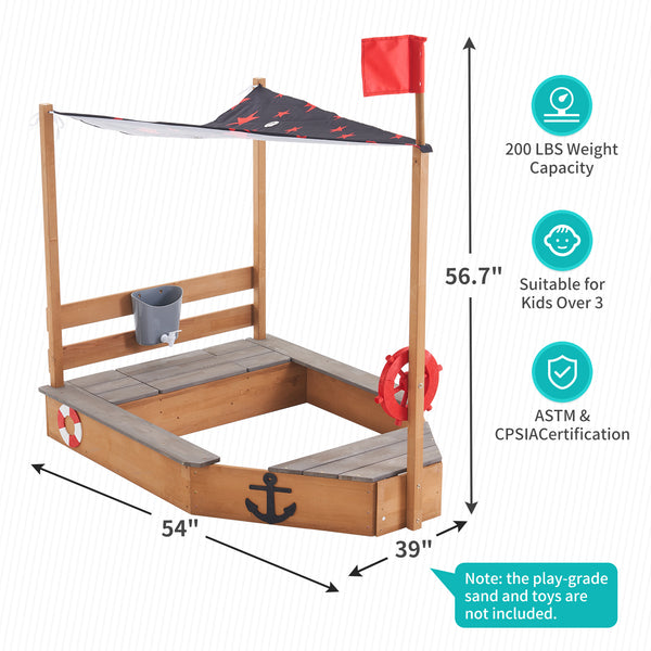 Pirate Ship Kids Sandbox with Cover, Wooden Sandbox with Storage Bench, Seat, Sink, Outdoor Sandbox for Aged 3-8 Years Old