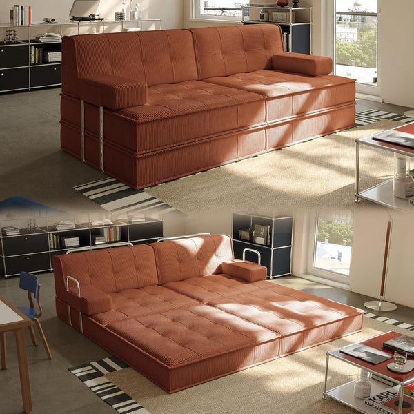 81.5'' Sofa Bed Convertible Sleeper Sofa, Akaber Oversized Pull Out Couch with Fixed-Shape Frame, 2 Pillows, Corduroy Plush Lounge for Living Room