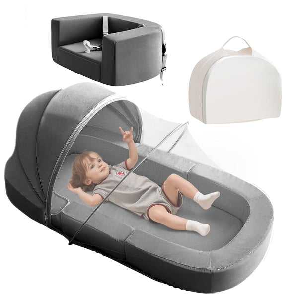 Linor 4-in-1 Convertible Toddler Travel Bed, Portable Floor Bed, Kids Sofa, Feeding Chair & Baby Lounger, Foldable w/ Carry Bag & Removable Mesh Canopy, Indoor/Outdoor, Washable Cover