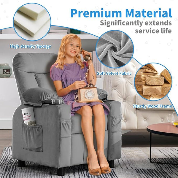 Kids Recliner, Toddlers Kids Recliner Chair with Cup Holder, Ergonomic Adjustable Velvet Lounge Chair with Footrest & Side Pockets, Toddlers Kids Baby Sofa for Boys and Girls Bedroom