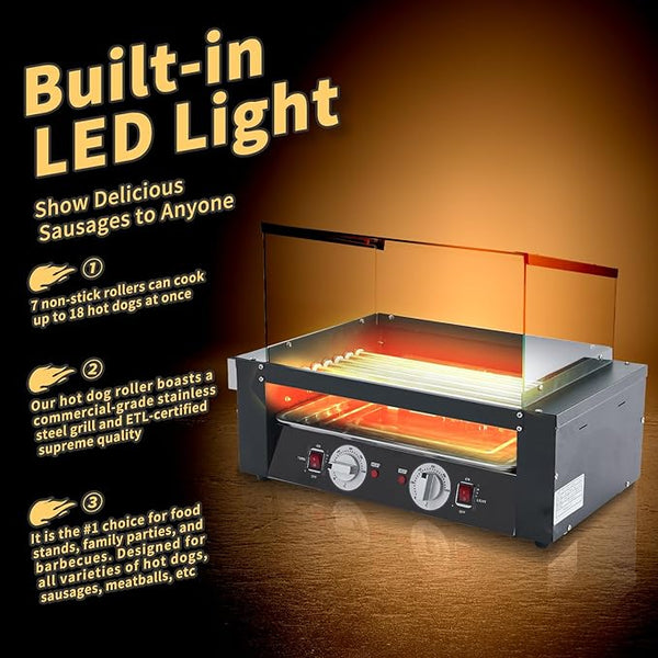 1400W Hot Dog Roller, 11 Rollers Large Capacity Hot Dog Machine, Dual Temp Control Stainless Hotdog Roller Grill with Glass Guard, LED Warm Light for Commercial, Party, BBQ