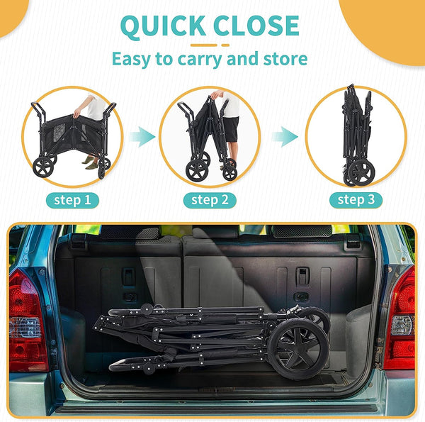 Wagon Stroller for 4 Kids, Wagon Cart with 4 High Seats and Removable Canopy, Foldable Stroller Wagon (Black)