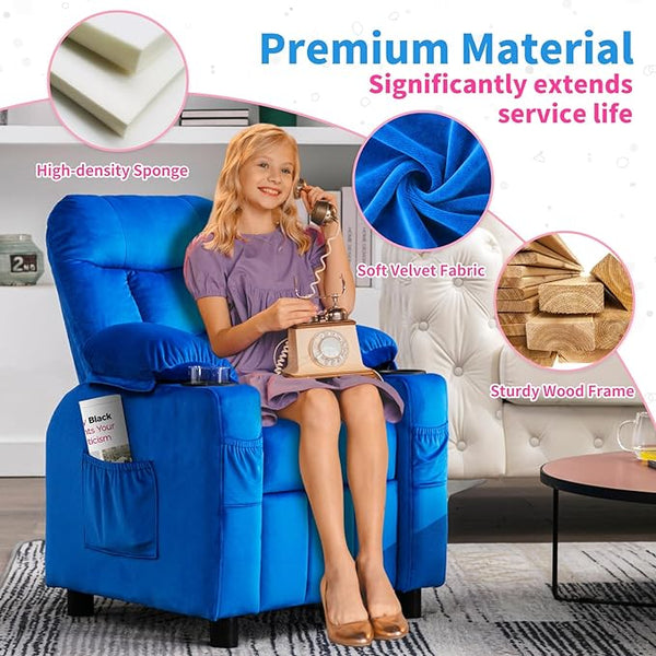 Kids Recliner, Toddlers Kids Recliner Chair with Cup Holder, Ergonomic Adjustable Velvet Lounge Chair with Footrest & Side Pockets, Toddlers Kids Baby Sofa for Boys and Girls Bedroom