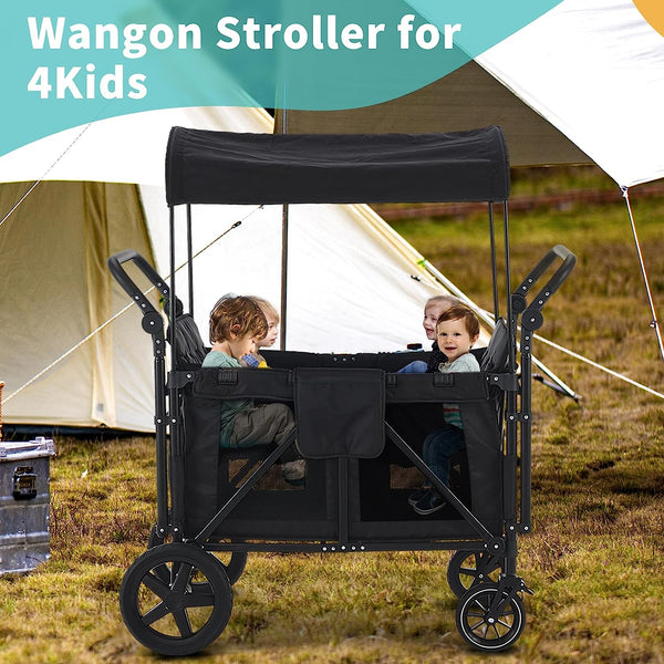 Wagon Stroller for 4 Kids, Wagon Cart with 4 High Seats and Removable Canopy, Foldable Stroller Wagon (Black)