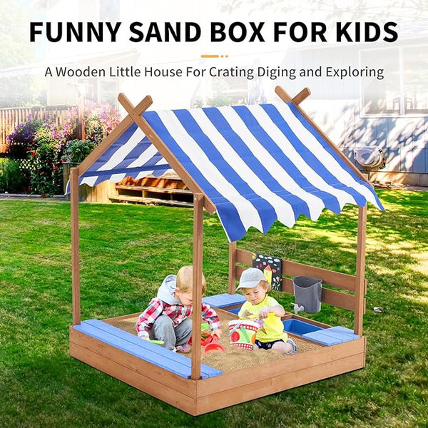 Sandbox with Roof, 49'' Kids Large Wooden Sand Box with Liner, Drawing Board, Sink, House Design, Sand Boxes for Backyard Garden Beach, Sand Pit for Beach Patio Outdoor