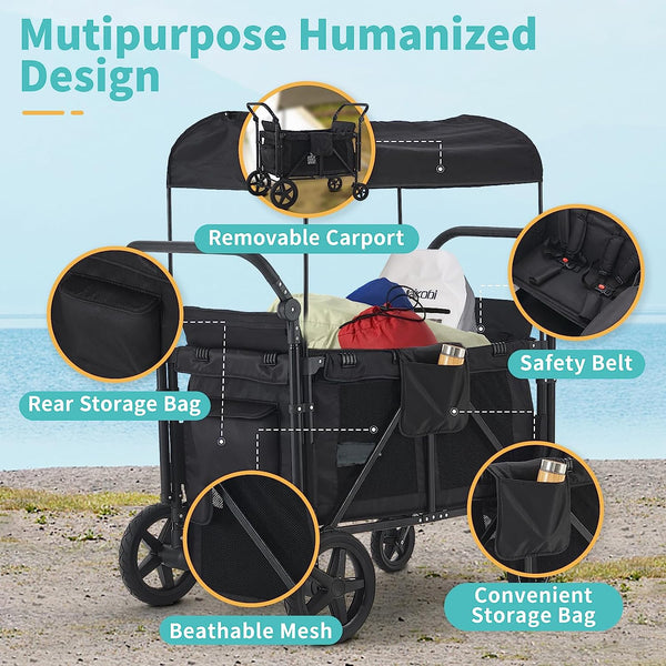 Wagon Stroller for 4 Kids, Wagon Cart with 4 High Seats and Removable Canopy, Foldable Stroller Wagon (Black)
