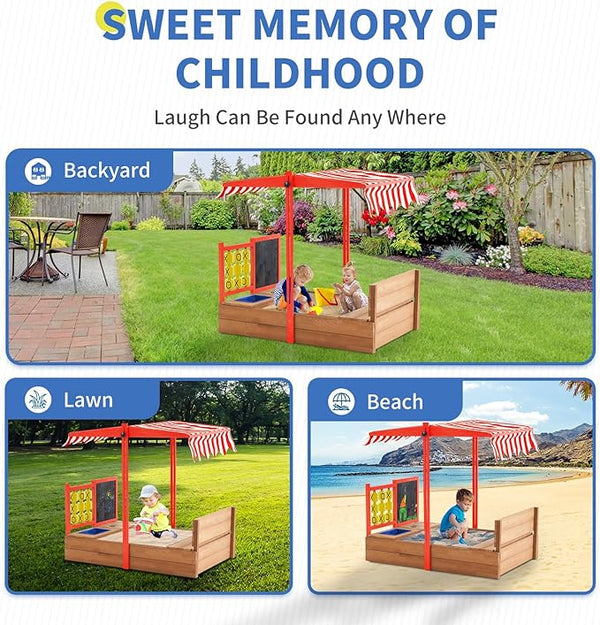 Sandbox with Canopy, 47.2'' Kids Large Wooden Sand Box with Tic-Tac-Toe, Liner, Drawing Board, Sink, Adjustable Roof, Sand Boxes for Backyard Garden, Sand Pit for Beach Patio Outdoor
