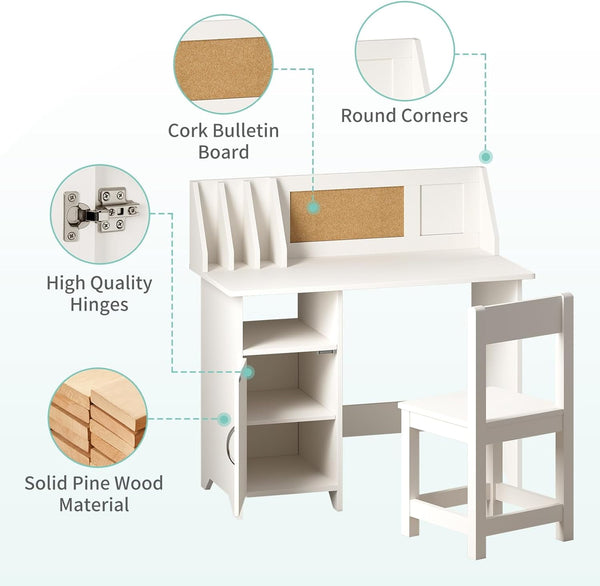 White Kids Study Desk with Chair, Wooden Kids Study Desk and Chair Set, Study Table for Boys and Girls, Kids Computer with Storage Drawers, Bookshelf and Bullentin Board
