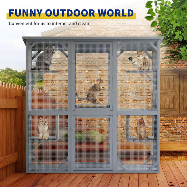 Cat cage with 6-Platforms, Outdoor Cat House with Fir Wood, Weatherproof cat house