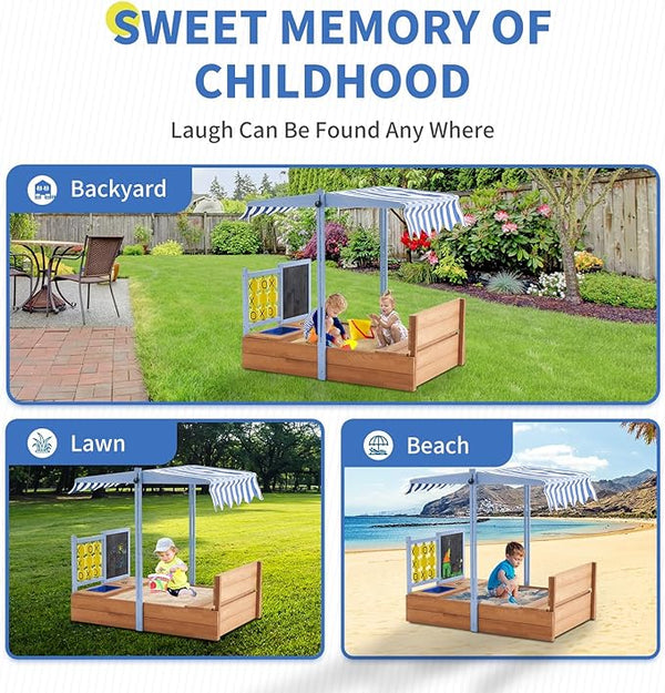 Sandbox with Canopy, 47.2'' Kids Large Wooden Sand Box with Tic-Tac-Toe, Liner, Drawing Board, Sink, Adjustable Roof, Sand Boxes for Backyard Garden, Sand Pit for Beach Patio Outdoor