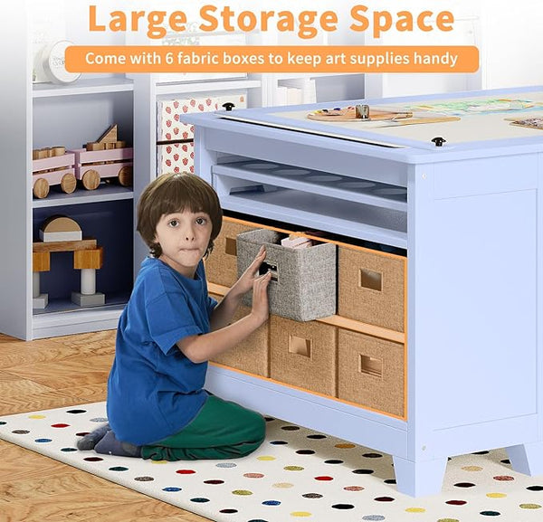 Kids Art Table and Chair Set, Kids Craft Table with Two Chairs, Storage Shelves, Canvas Bins, Wooden Children Study Desks, Kids Desk and Chair Set for Drawing and Painting