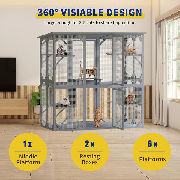 Cat cage with 6-Platforms, Outdoor Cat House with Fir Wood, Weatherproof cat house