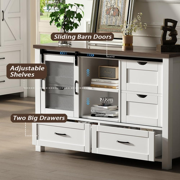 48" Farmhouse with 6 Drawers, 2 Shelves, and Sliding Barn Doors, Linor Farmhouse Chests of Drawers for Bedroom, Drawer Dresser TV Stand for Living Room, Antique White