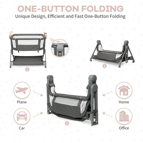 Wanan Bassinets Bedside Sleeper, Baby Bassinet One-Button Folding Portable Bedside Bassinets, Breathable Mesh and Soft Mattress, Adjustable Height Baby Crib with Storage Basket and Wheels for Newborn