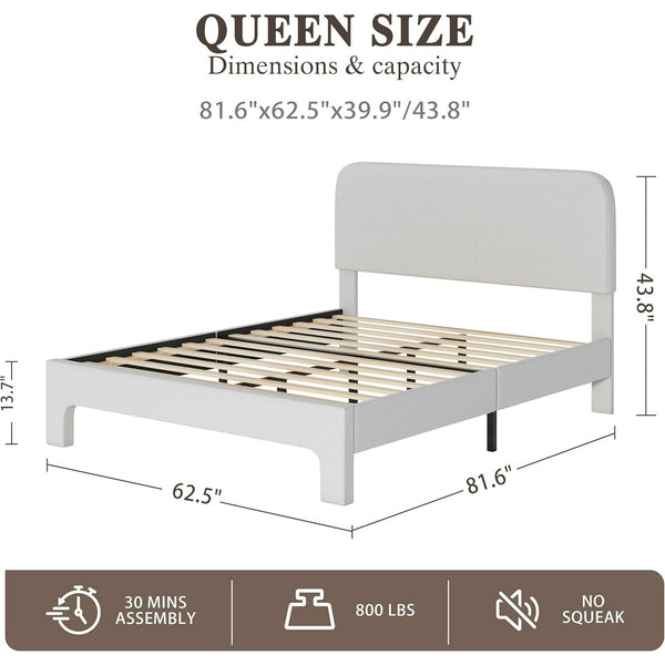 Akaber Queen Size Bed Frame, Upholstered Bed Frame Queen with Rounded Corners, Adjustable Bed Frame in Modern Style, Heavy Duty Mattress Foundation, Noise-Free, Easy Assembly, Cream