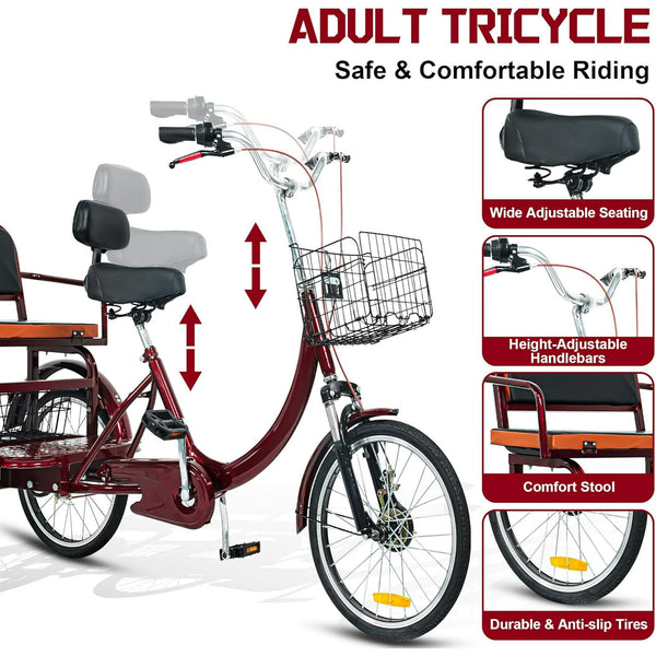 Linor Adult Tricycle with Rear Seats, 20" 3-Wheel, Front and Rear Baskets, Trike for Seniors, Red