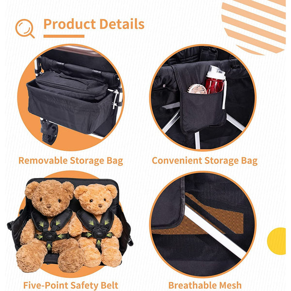 Stroller Wagon for 4 Kids, Wanan 4 Seater Stroller Wagon W/ Double Push Bar, 5-Point Harnesses, Adjustable Canopy, Storage, Insulated Bags, 4 Child Stroller Wagon for Beach, Garden, Shopping, Camping