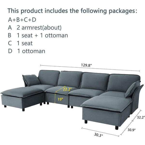 Akaber 130" U-Shaped Cloud Sectional Sofa, Modular Velvet Convertible Sofa Bed with Storage,Plush Living Room Couch (Grey)