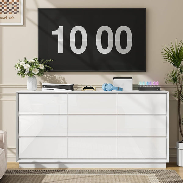 Akaber US 63'' White Dresser for Bedroom, Glossy Large Dresser with 9 Deep Chests of Drawers for Bedroom, Living Room, Closet