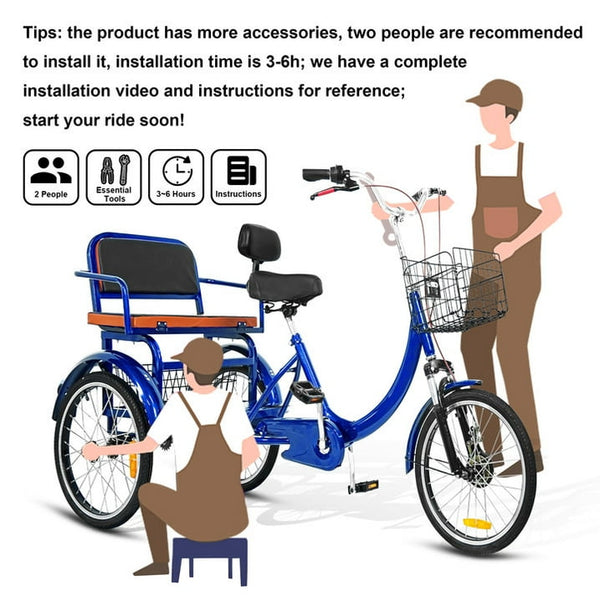Linor Adult Tricycle with Rear Seats, 20" 3-Wheel, Front and Rear Baskets, Trike for Seniors, Blue