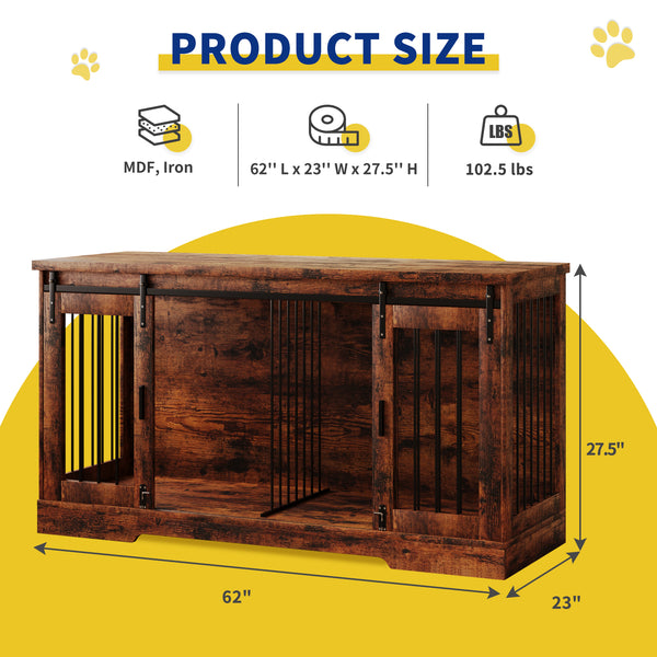 Linor Wooden Double Dog Crate Furniture with Divider and Sliding Door for Two Dogs