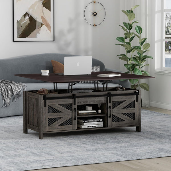 47.2" Lift Top Coffee Table, 4 in 1 Farmhouse Coffee Table with Sliding Barn Door, Coffee Tables for Living Room, Dining Room