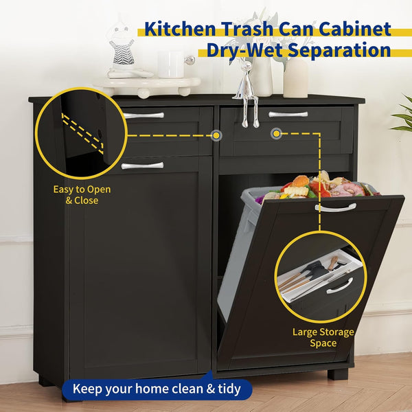 10 Gallon Double Tilt Out Trash Cabinet, ICEELF Kitchen Trash Can Cabinet, Dog Proof Tilt Out Trash Bin Holder, Free Standing Recycling Cabinet with 2 Hideaway Drawers for Kitchen Living Room