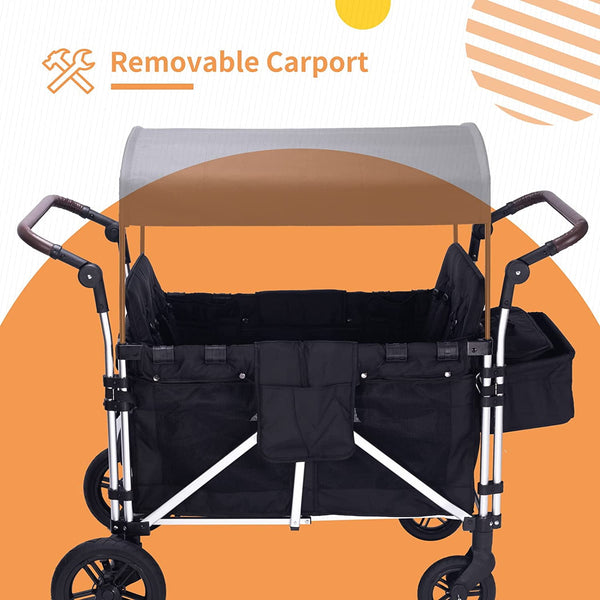Stroller Wagon for 4 Kids, Wanan 4 Seater Stroller Wagon W/ Double Push Bar, 5-Point Harnesses, Adjustable Canopy, Storage, Insulated Bags, 4 Child Stroller Wagon for Beach, Garden, Shopping, Camping