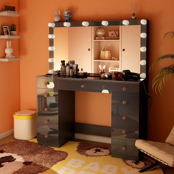 Linor Vanity Desk with Power Outlet, Makeup Vanity with Mirror and 14 LED Light, 3 Lighting Modes,11 Drawer Vanity Table with Sliding Jewelry Storage, Glass Top, Specular Surface, Black