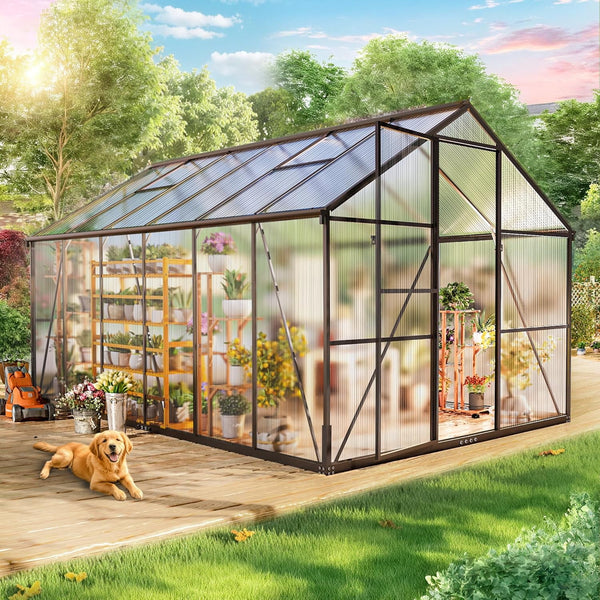 8x12 FT Greenhouse Outdoor, Akaber Walk-in Garden Greenhouse with Polycarbonate Panels, Aluminum Frame Windproof Greenhouses for Outside