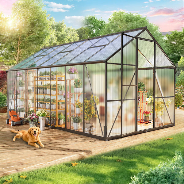 8x14 FT Greenhouse Outdoor, Akaber Walk-in Garden Greenhouse with Polycarbonate Panels, Aluminum Frame Windproof Greenhouses for Outside