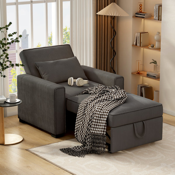 Sleeper Chair, 3 in 1 Convertible Sofa Bed, Adjustable Pull Out Sofa Bed with Throw Pillow, Modern Soft Corduroy Fabric Sofa Sleeper for Single, Living Room, Dorm, Office, Bedroom
