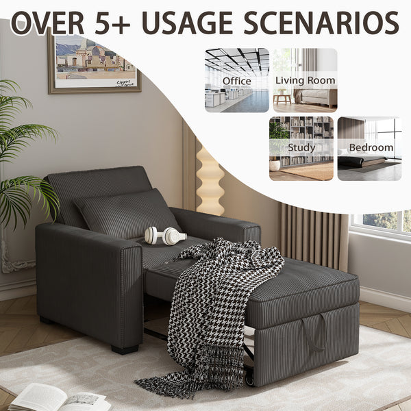Sleeper Chair, 3 in 1 Convertible Sofa Bed, Adjustable Pull Out Sofa Bed with Throw Pillow, Modern Soft Corduroy Fabric Sofa Sleeper for Single, Living Room, Dorm, Office, Bedroom