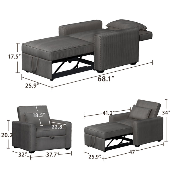 Sleeper Chair, 3 in 1 Convertible Sofa Bed, Adjustable Pull Out Sofa Bed with Throw Pillow, Modern Soft Corduroy Fabric Sofa Sleeper for Single, Living Room, Dorm, Office, Bedroom