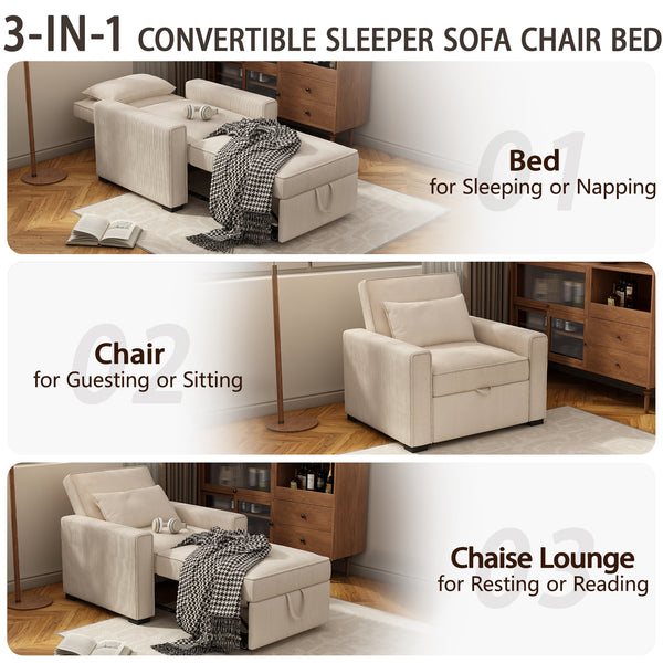 Sleeper Chair, 3 in 1 Convertible Sofa Bed, Adjustable Pull Out Sofa Bed with Throw Pillow, Modern Soft Corduroy Fabric Sofa Sleeper for Single, Living Room, Dorm, Office, Bedroom