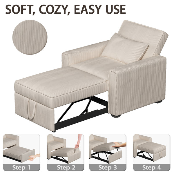 Sleeper Chair, 3 in 1 Convertible Sofa Bed, Adjustable Pull Out Sofa Bed with Throw Pillow, Modern Soft Corduroy Fabric Sofa Sleeper for Single, Living Room, Dorm, Office, Bedroom