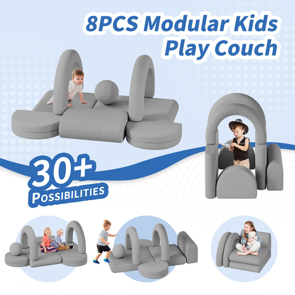 Modular Kids Play Couch, 8PCS Kids Couch with Balls and Tunnel, Kids Couch for Playroom and Bedroom, Kids Modular Couch for Playing, Creativing, Modular Couch Kids