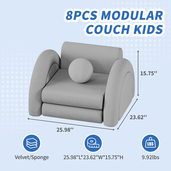 Modular Kids Play Couch, 8PCS Kids Couch with Balls and Tunnel, Kids Couch for Playroom and Bedroom, Kids Modular Couch for Playing, Creativing, Modular Couch Kids