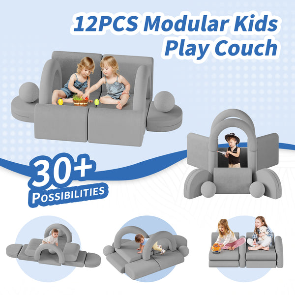 Modular Kids Play Couch, 12PCS Kids Couch with Balls and Tunnel, Kids Couch for Playroom and Bedroom, Kids Modular Couch for Playing, Creativing, Modular Couch Kids