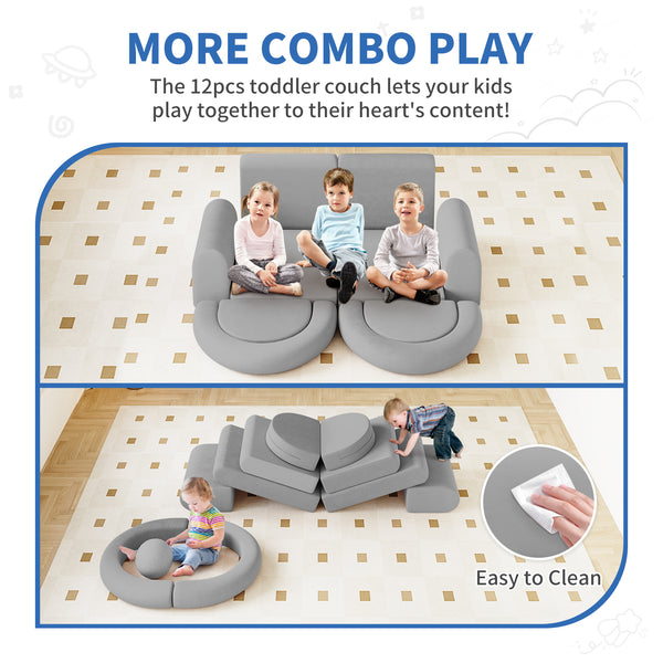 Modular Kids Play Couch, 12PCS Kids Couch with Balls and Tunnel, Kids Couch for Playroom and Bedroom, Kids Modular Couch for Playing, Creativing, Modular Couch Kids